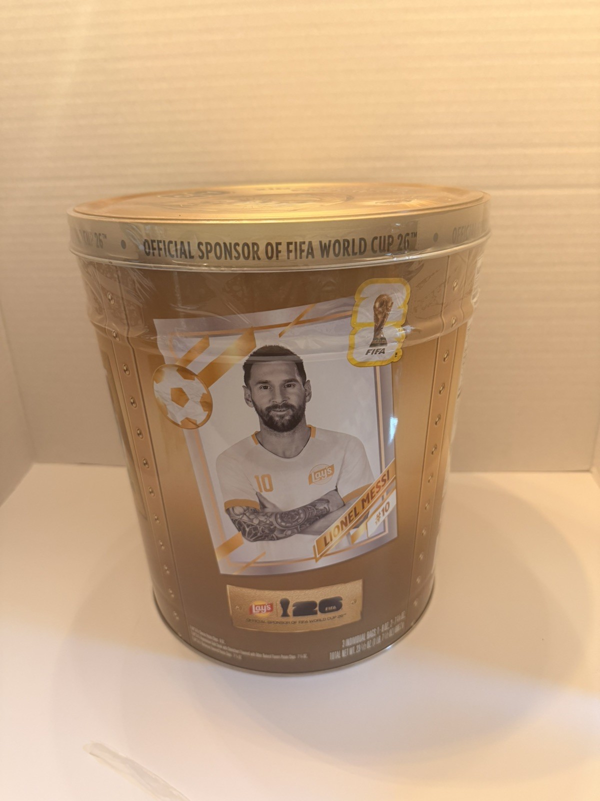 Lays FIFA World Cup 2026 Mix Large Collectible Tin Lionel Messi Sealed 3 Bags
