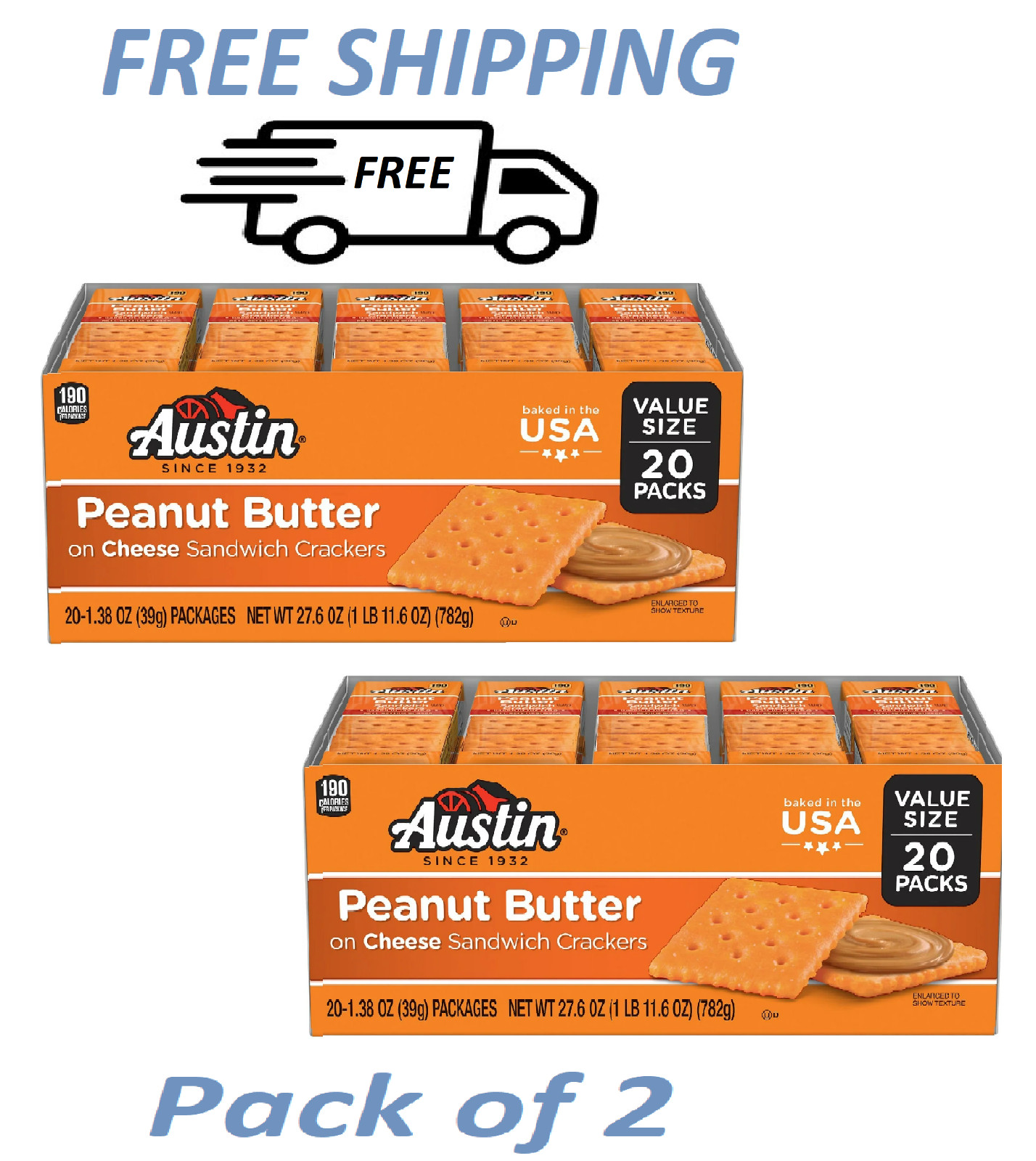 Austin Peanut Butter on Cheese Sandwich Crackers , Snack Crackers 20 Count 2 PK