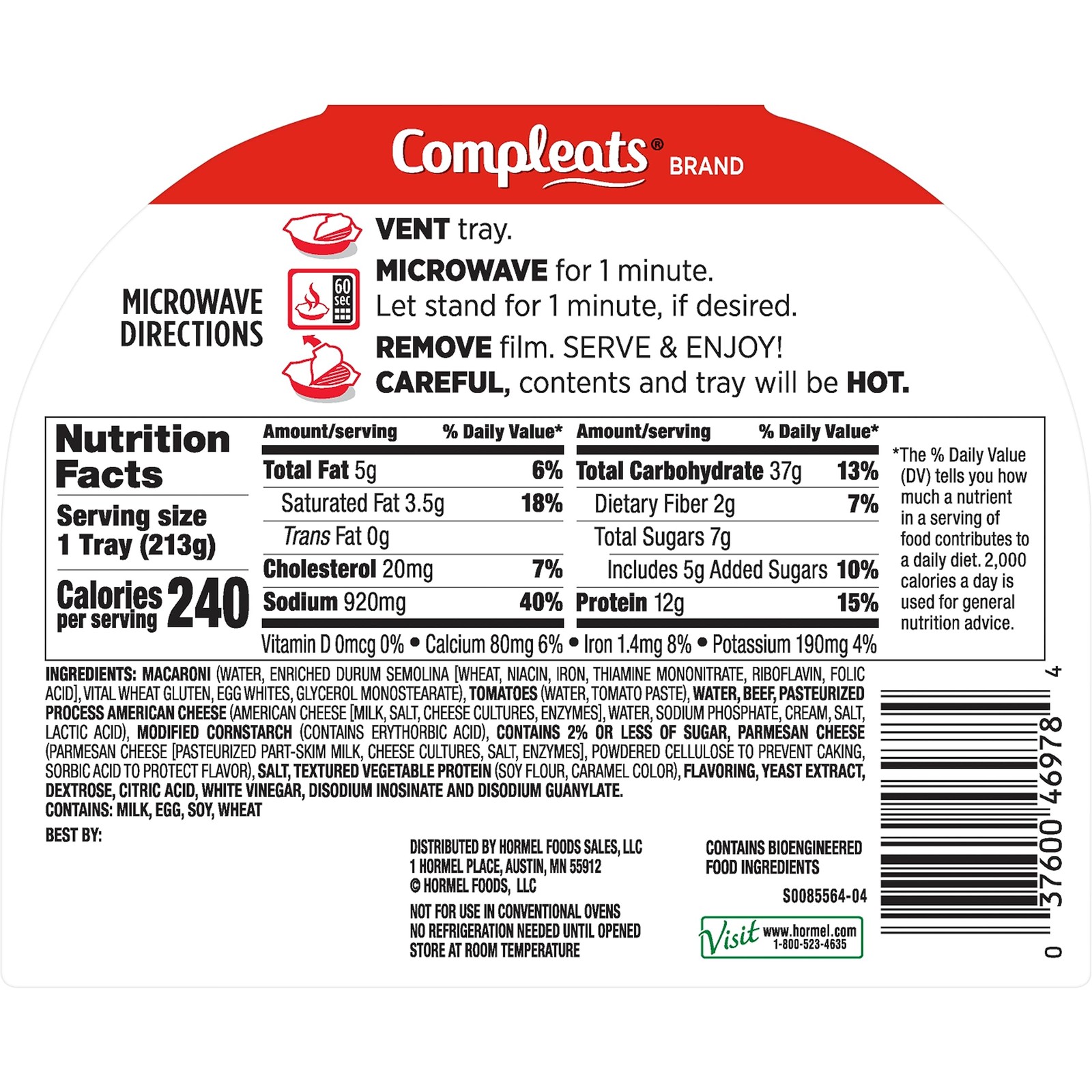 HORMEL COMPLEATS Beefy Mac Cheese Microwave Tray, 7.5 Ounces Pack of 7