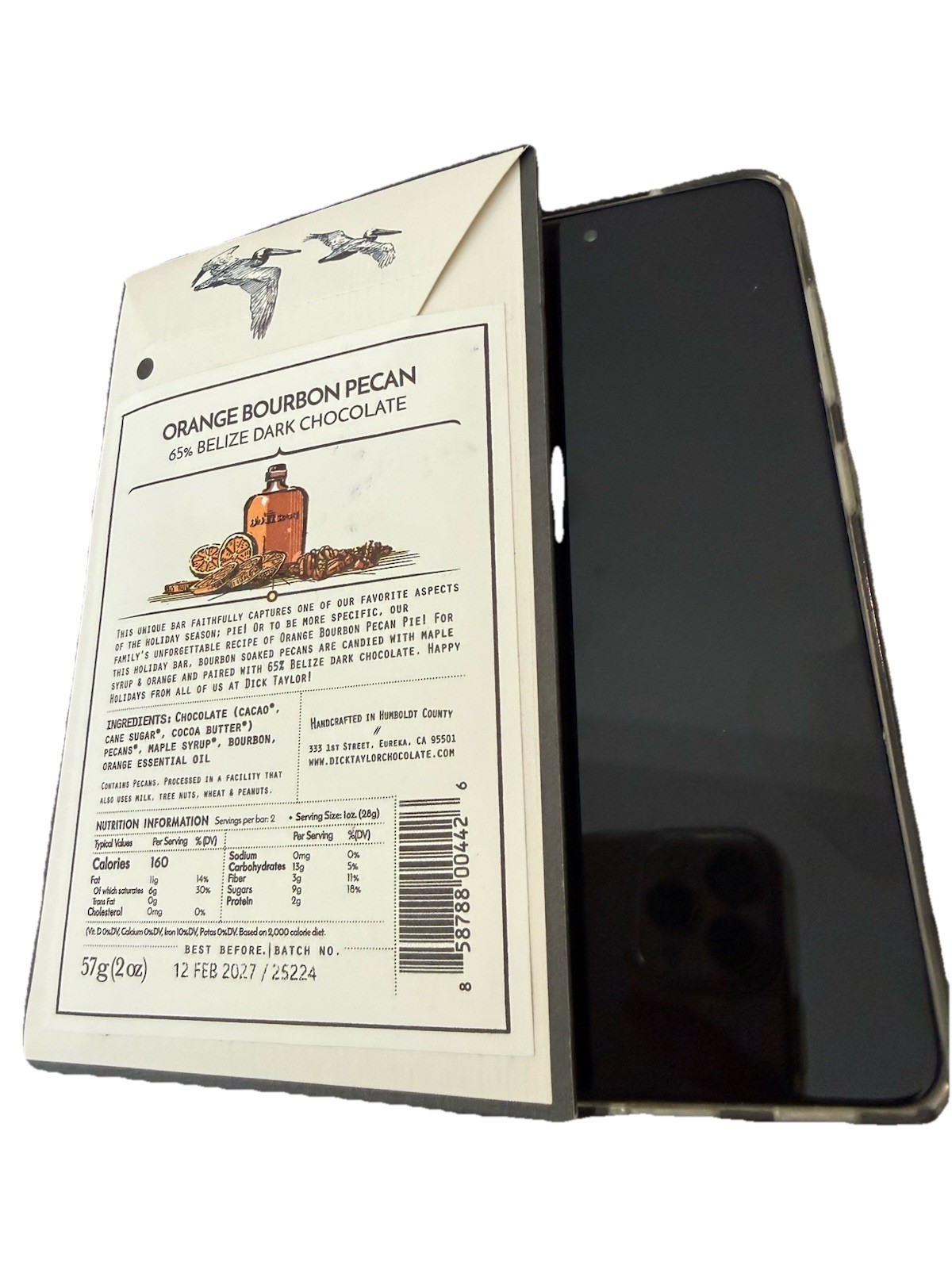 Dick Taylor Orange Bourbon Pecan 65% Dark Chocolate Craft Gourmet Belize 2 Oz