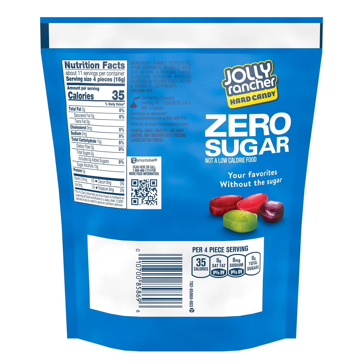 Jolly Rancher Zero Sugar Assorted Fruit Flavored Hard Candy, Bag 6.1 oz