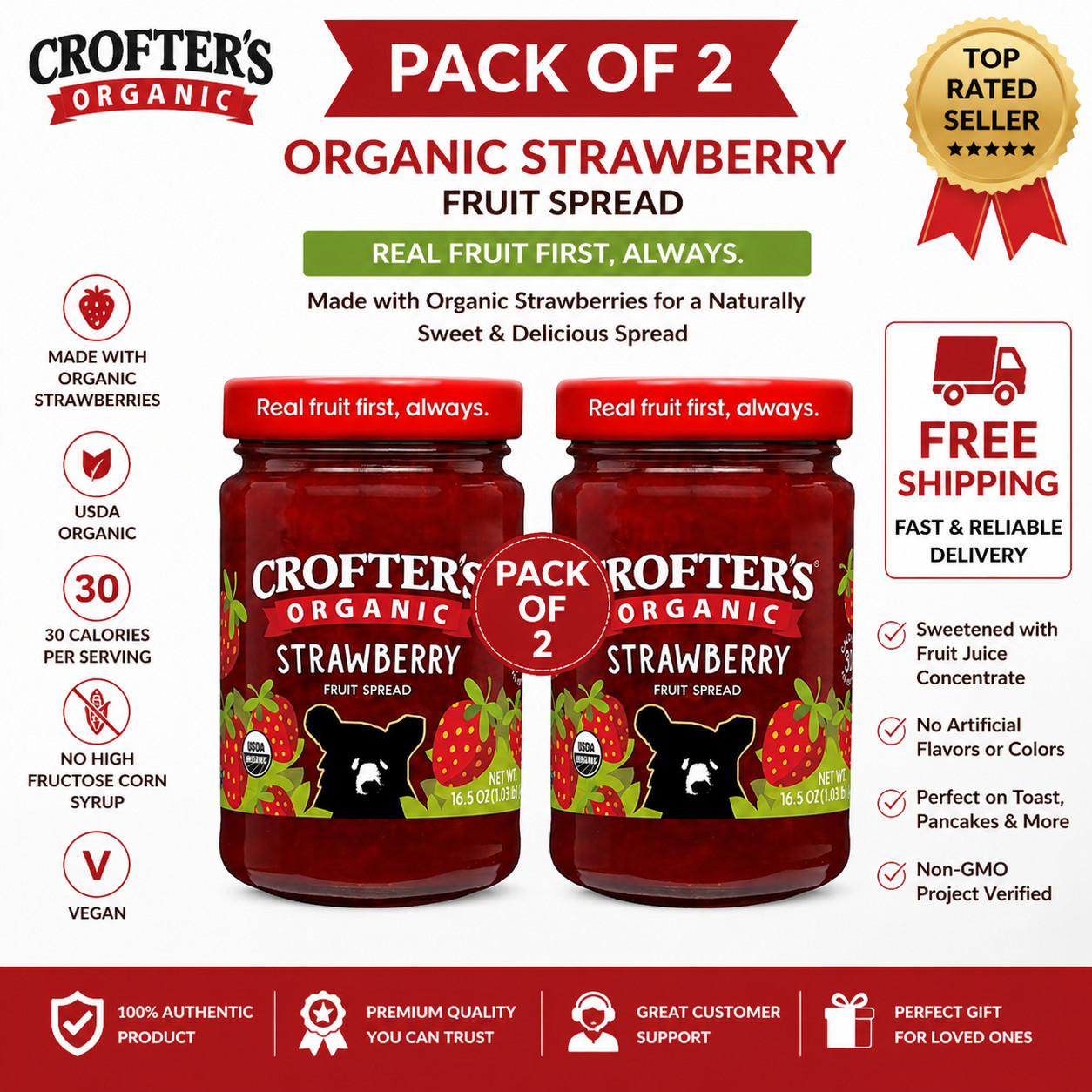 Crofters Organic Premium Strawberry Fruit Spread 16.5 oz | 2-Pack