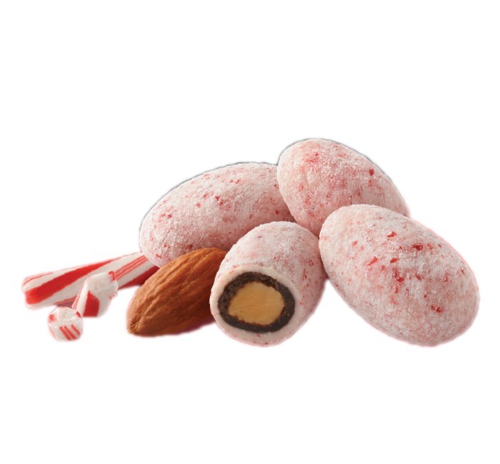 Sconza 4.5 oz. CANDY CANE Dark & White Chocolate Covered Roasted Almonds BB 8/26