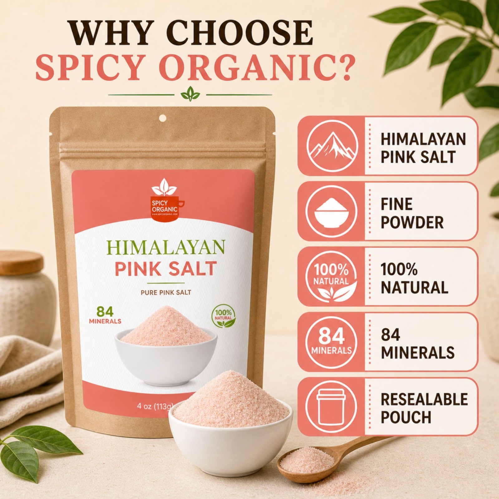 Spicy Organic Pink Himalayan Salt 4 oz | USDA Organic