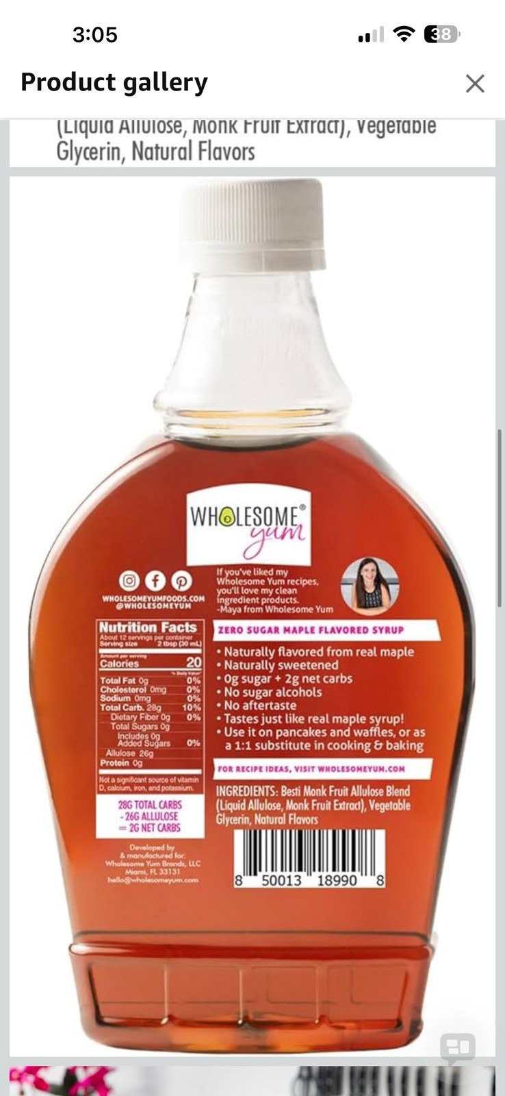 Wholesome Yum Zero Sugar Maple Syrup With Monk Fruit & Allulose – 12 fl oz