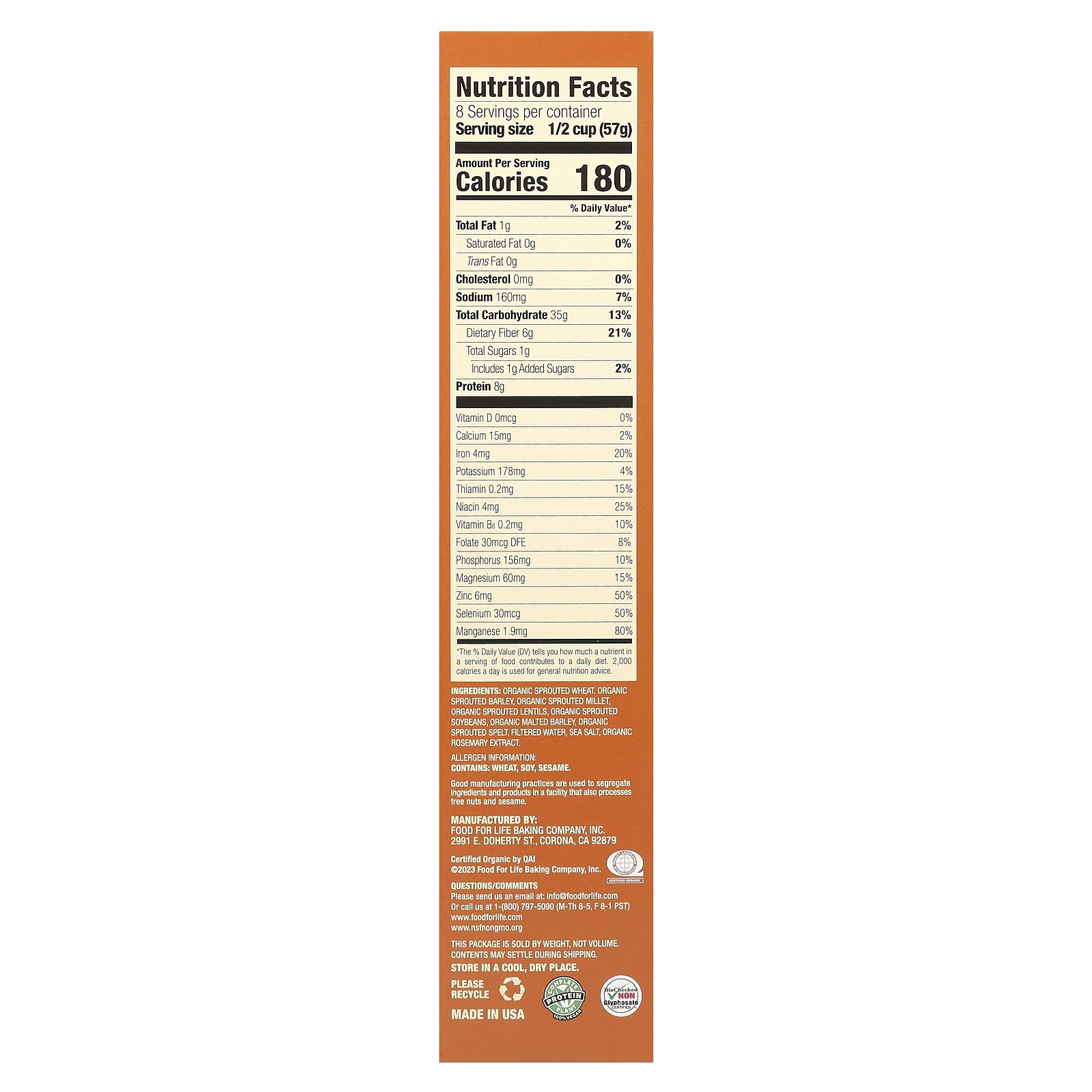 Food For Life, Ezekiel 4:9, Sprouted Whole Grain Cereal, Original, 16 oz (454 g)