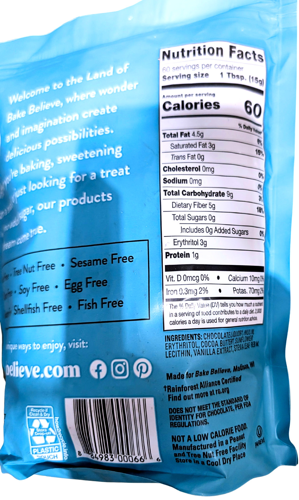 Bake Believe Dark Chocolate Baking Chips No Sugar Added 2 Lb Bag