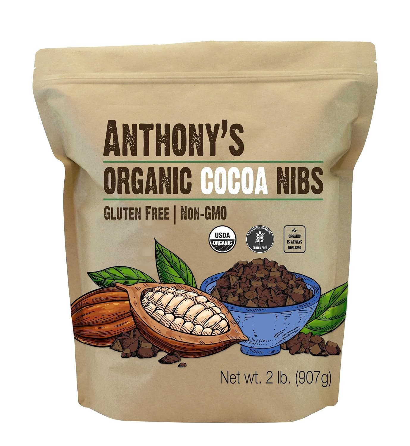 Anthony’s Organic Cacao Cocoa Nibs, 2 lb 2 Pound (Pack of 1), Rich brown