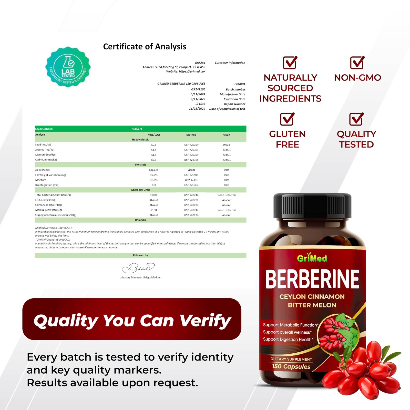 GriMed Berberine – Dietary Supplement with Ceylon 150 Count (Pack of 1)