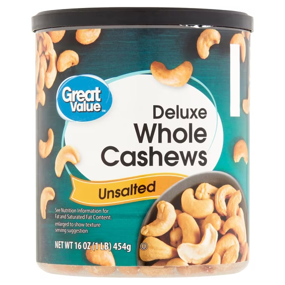 Great Value Deluxe Whole Cashews, Unsalted, 16 oz pack of 2