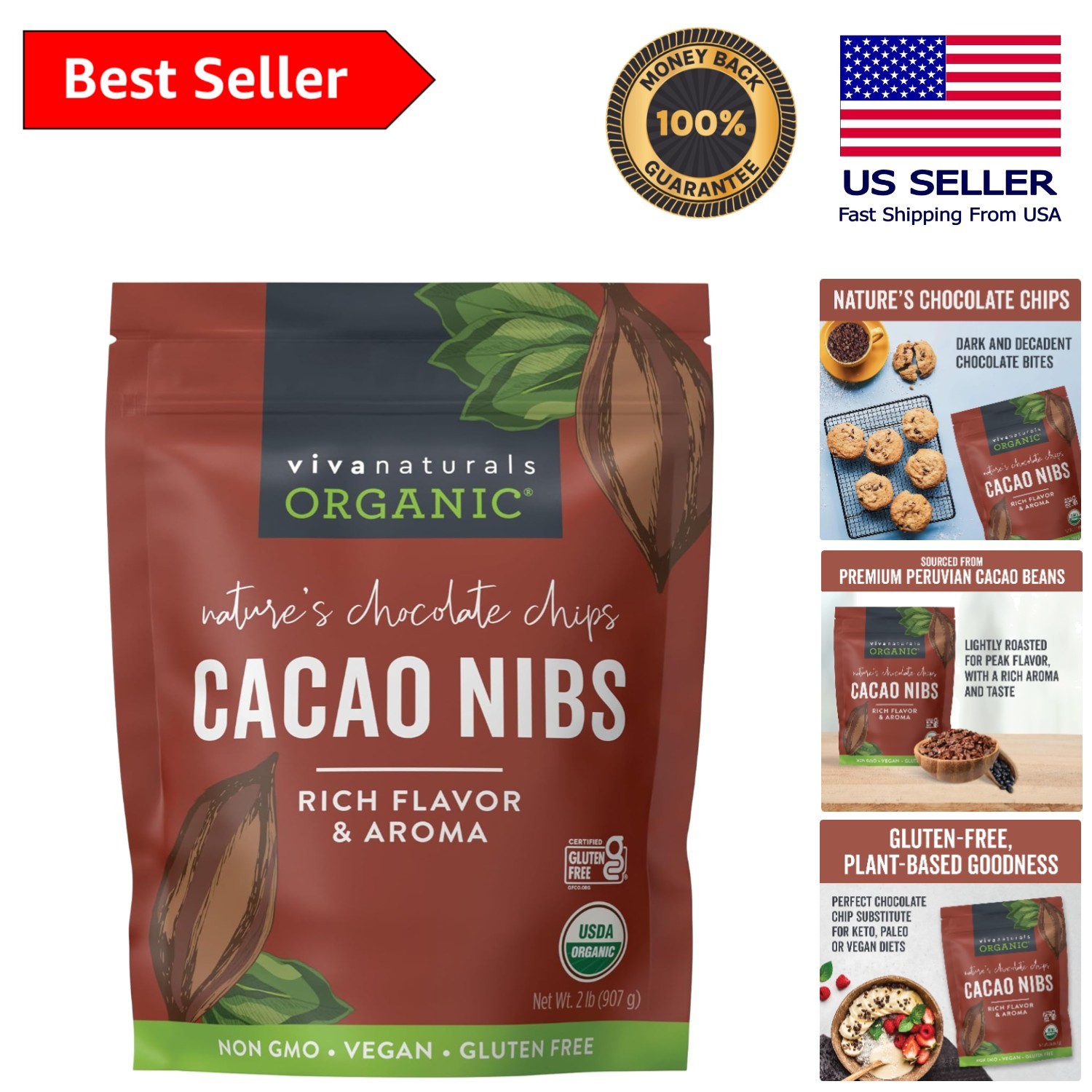 Unsweetened Cacao Nibs 2 LB – Gluten-Free, Non-GMO Chocolate Alternative