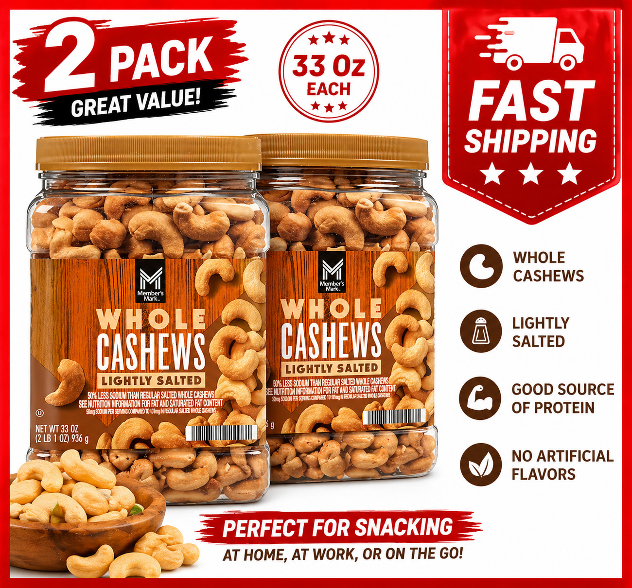 2PACK Member’s Mark Whole Cashews Lightly Salted, 33 Ounce