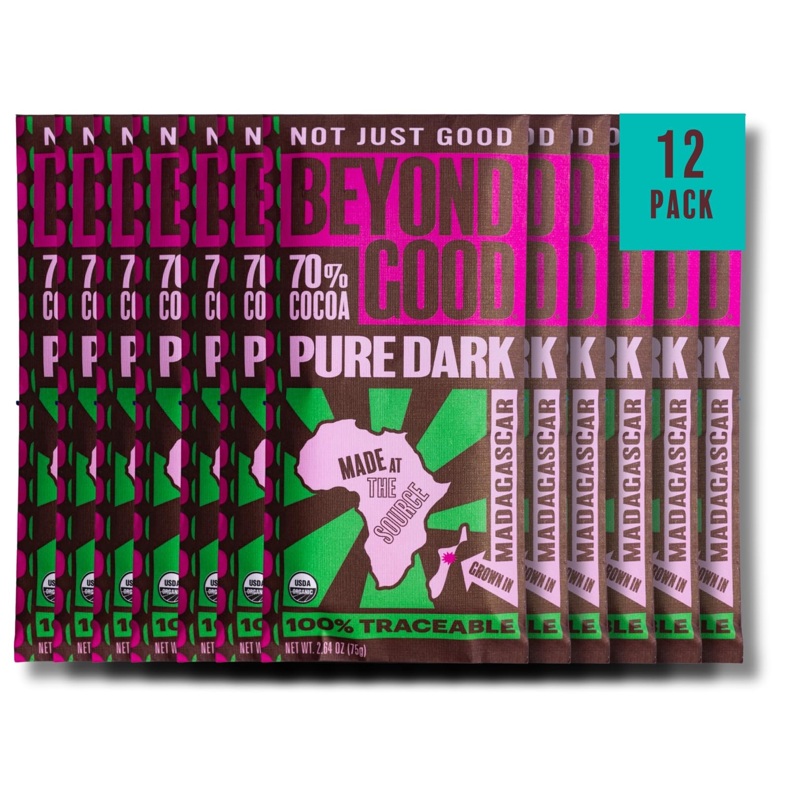 (Pack of 12) Beyond Good Dark Chocolate Bar 70% Cocoa Madagascar 2.64 Oz