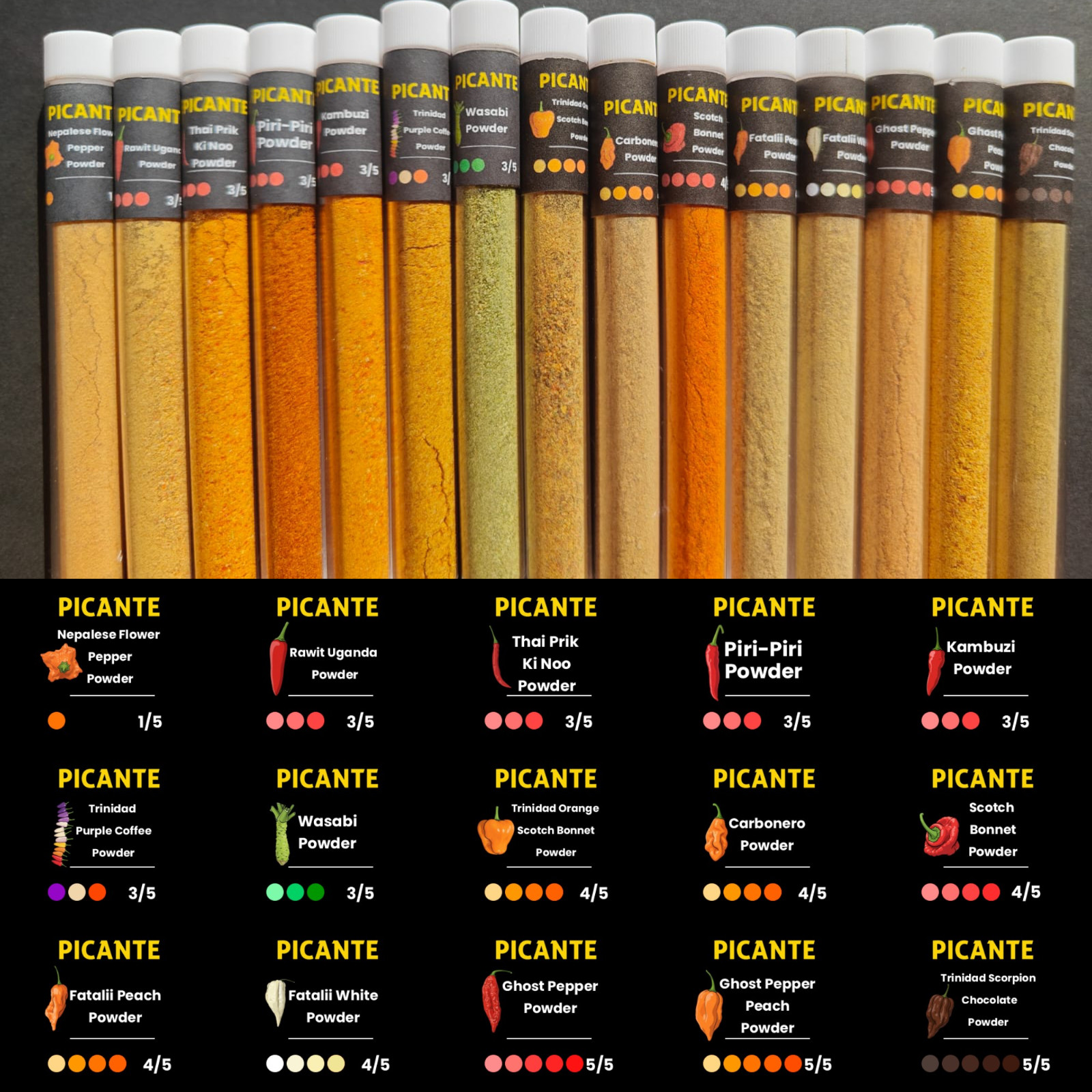 Chili Powder Vials — 15 Rare Pepper Powders (Ghost, Scotch, Fatalii, Scorpion)