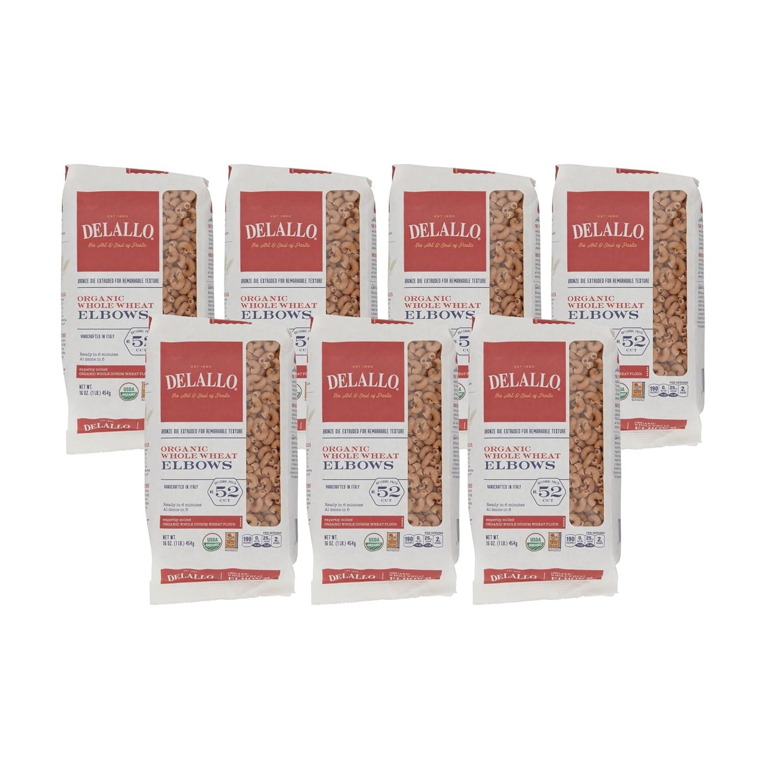 DeLallo Whole Wheat Elbow Macaroni Pasta, 1 lb. Bag, 100% Organic (7-Pack)