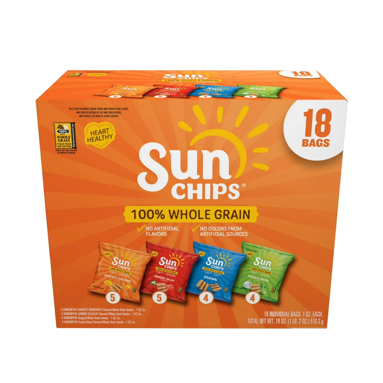 SunChips 100% Whole Grain Snacks, 4 Flavor Variety Pack, 1 oz, 18 Count 🌟🌟🌟🌟