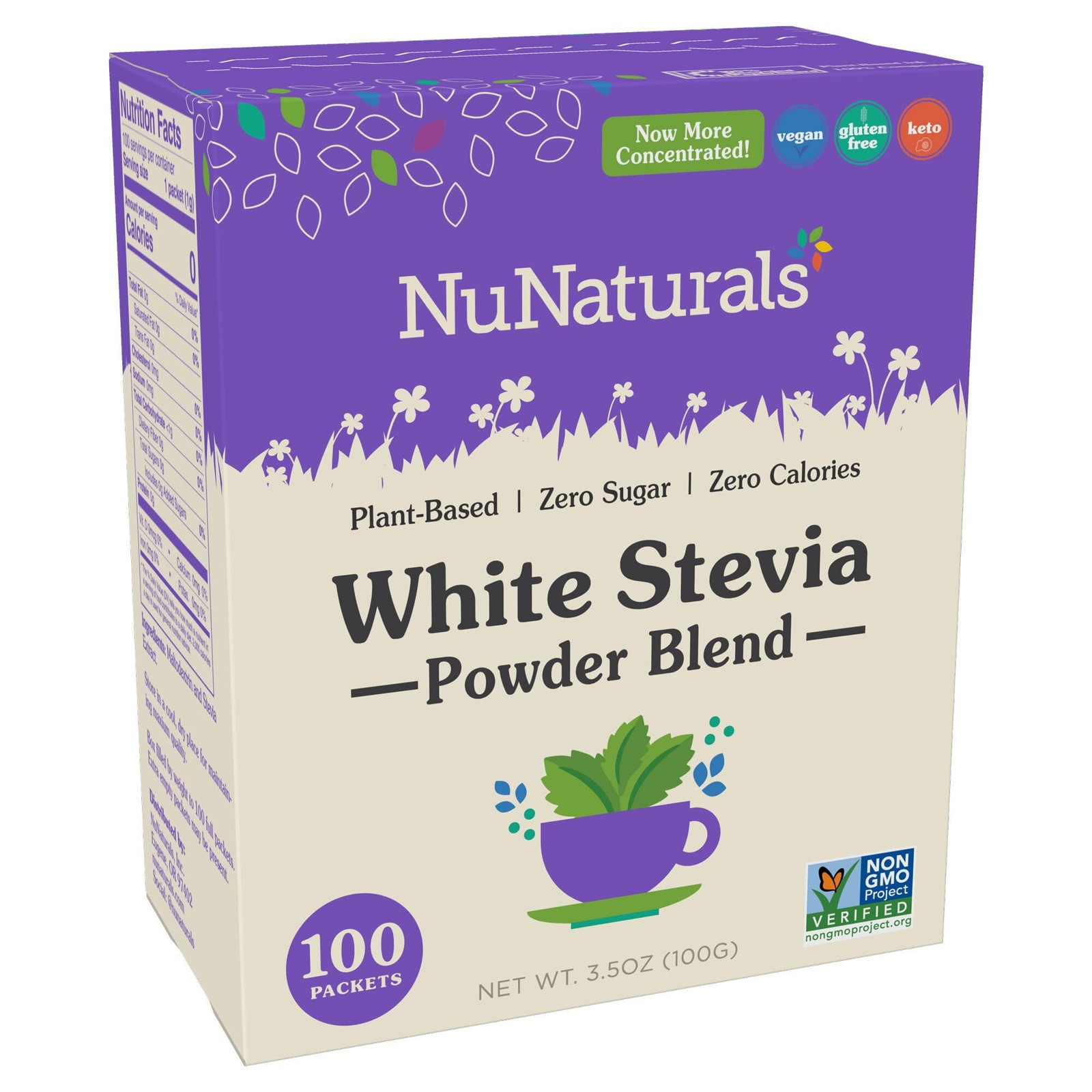 NuNaturals White Stevia Powder Packets, Single-Serve, 1 Count (Pack of 100)
