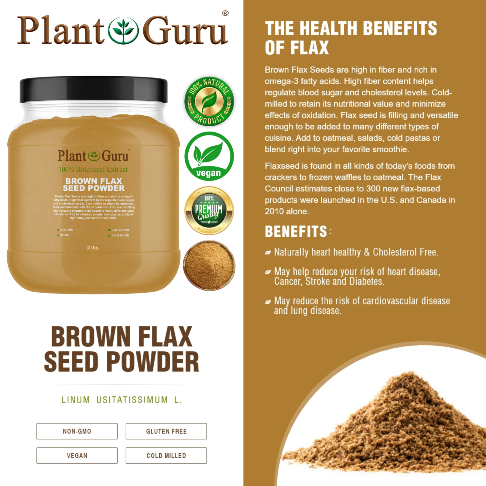 Brown Flax Seed Powder 2 lbs. Jar Omega-3 NON GMO Pure Flaxseed Ground Meal Bulk