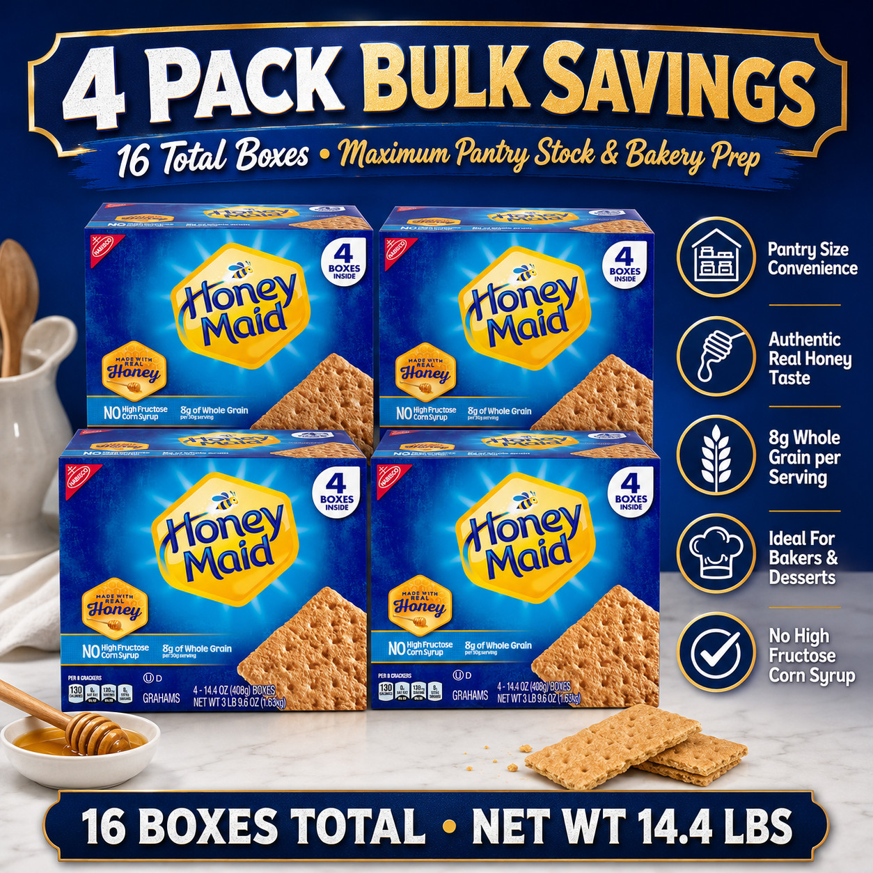 4 Pack HONEY MAID Graham Crackers, 14.4 oz, 4-count