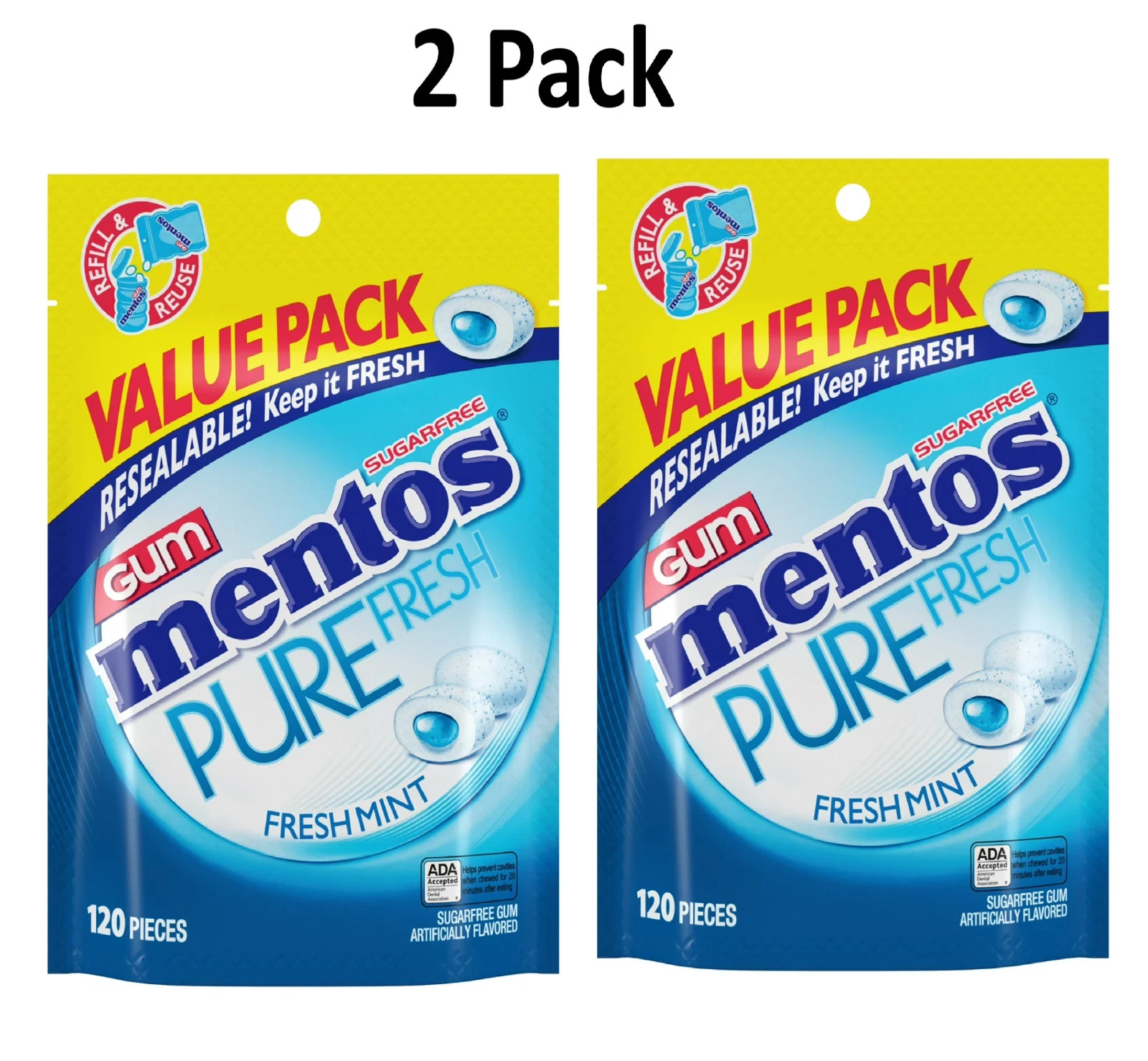 Mentos Pure Fresh Sugar Free Fresh Mint Xylitol Chewing Gum 120 Count Pack of 2