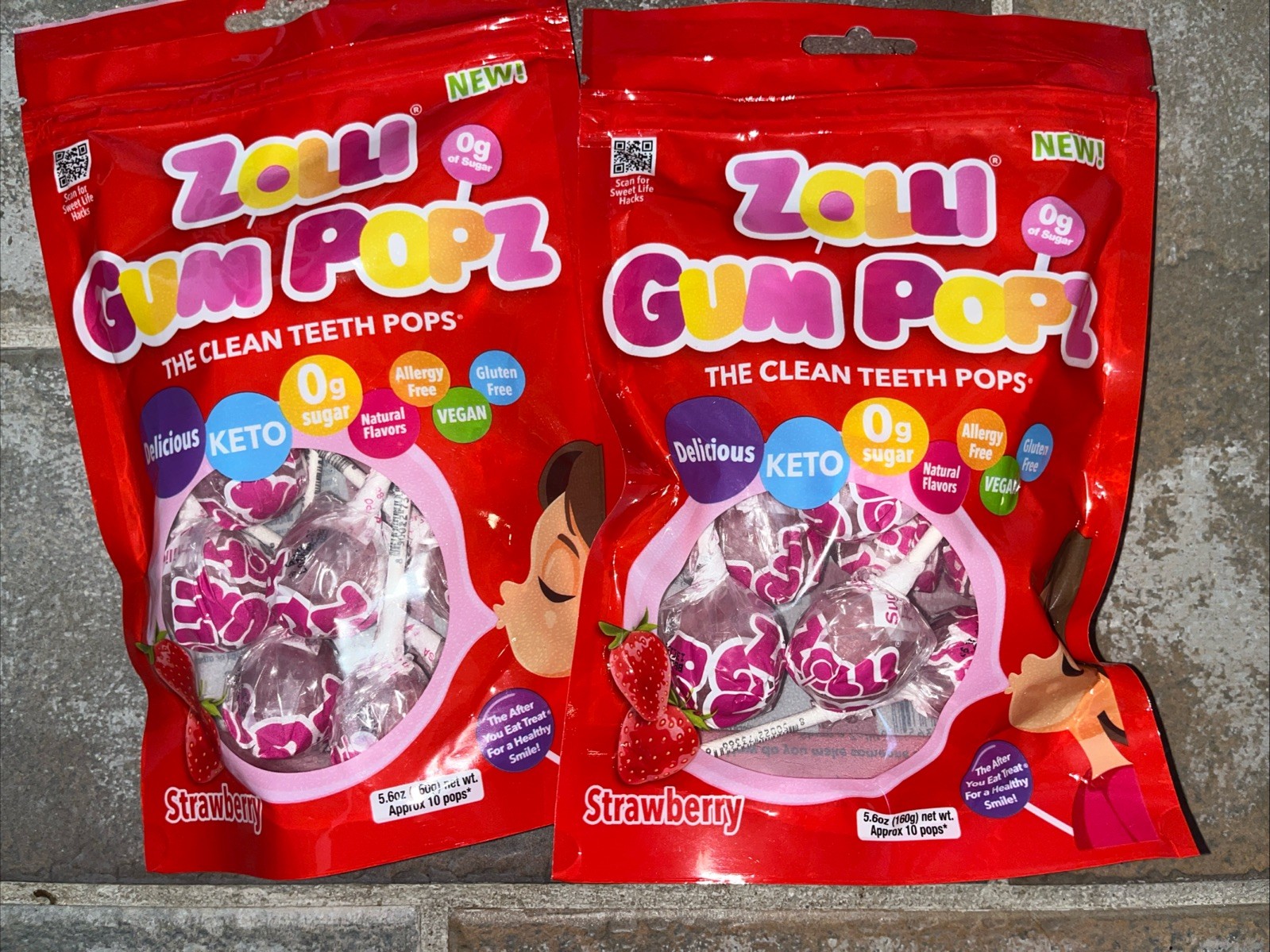 Lot TWO 5.6oz bags Zollipops GUM Pops Strawberry Sugar Free Lollipops Keto