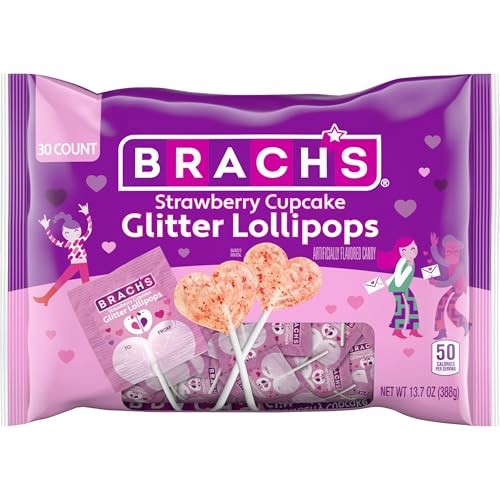 Brach’s Strawberry Cupcake Glitter Lollipops, Valentine’s Day Candy, 30 count