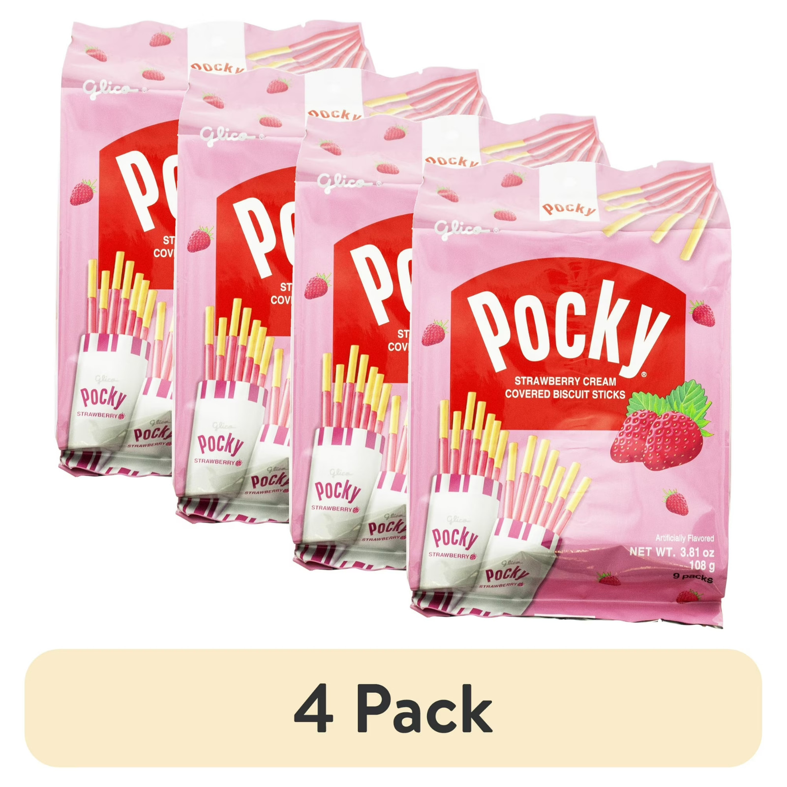 (4 pack) Glico Strawberry Cream Covered Biscuit Sticks, 3.81 Oz, 9 Count