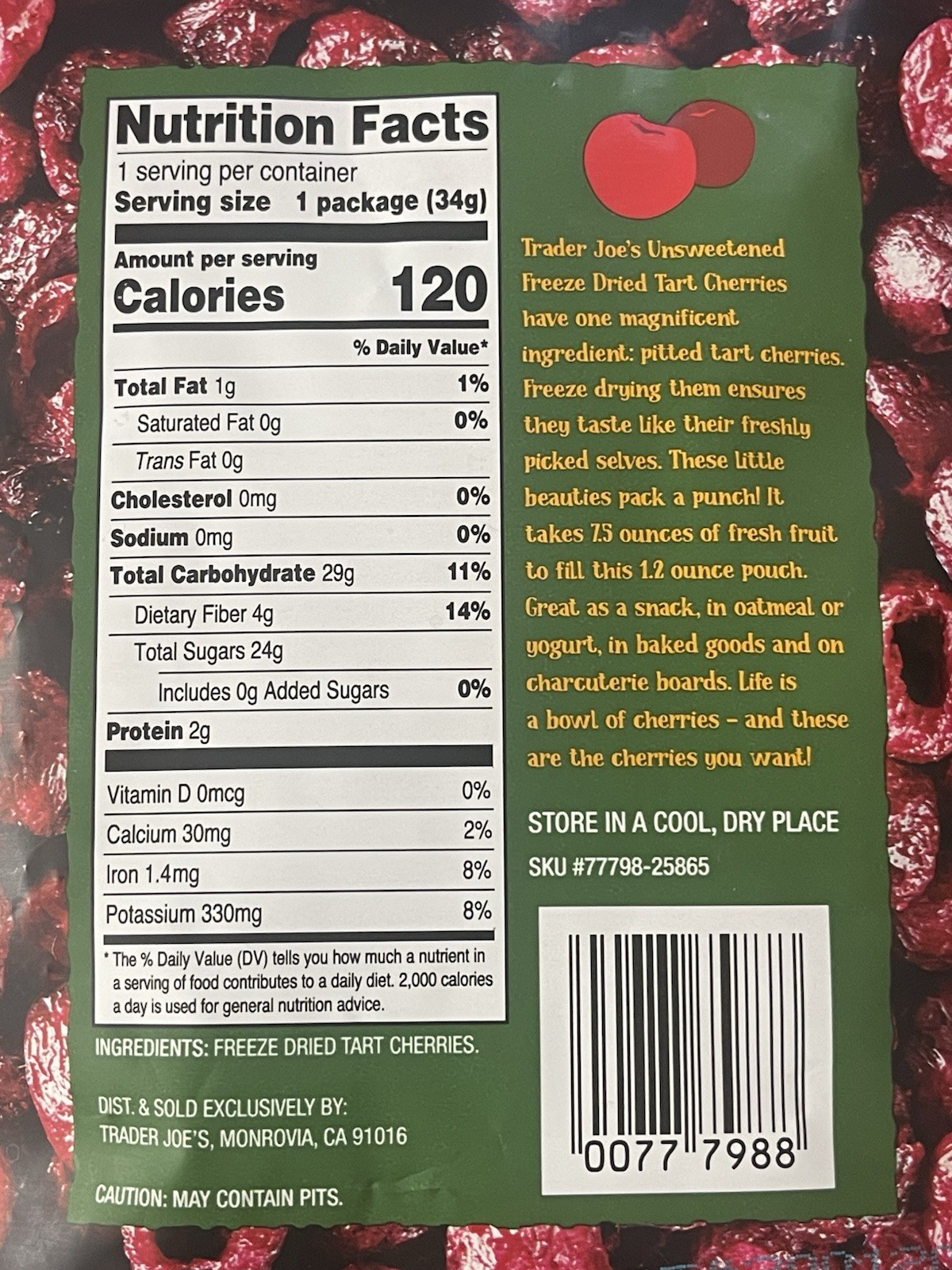 4 Packs Trader Joe’s Freeze Dried Tart Cherries -1,2 oz/34 g each – EXP 11/2027