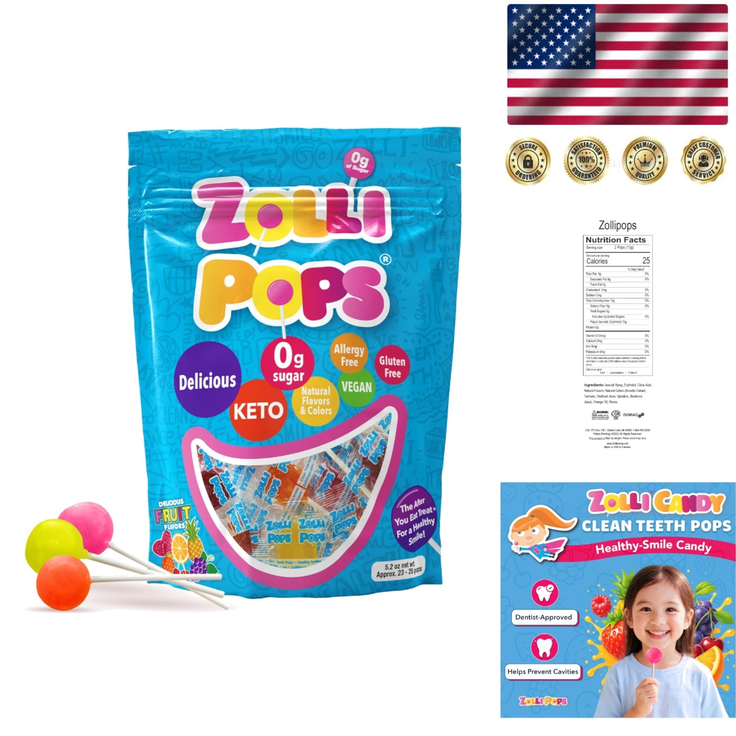 Zollipops Clean Teeth Pops – Sugar-Free, Gluten-Free, Diabetic-Friendly (5.2oz)