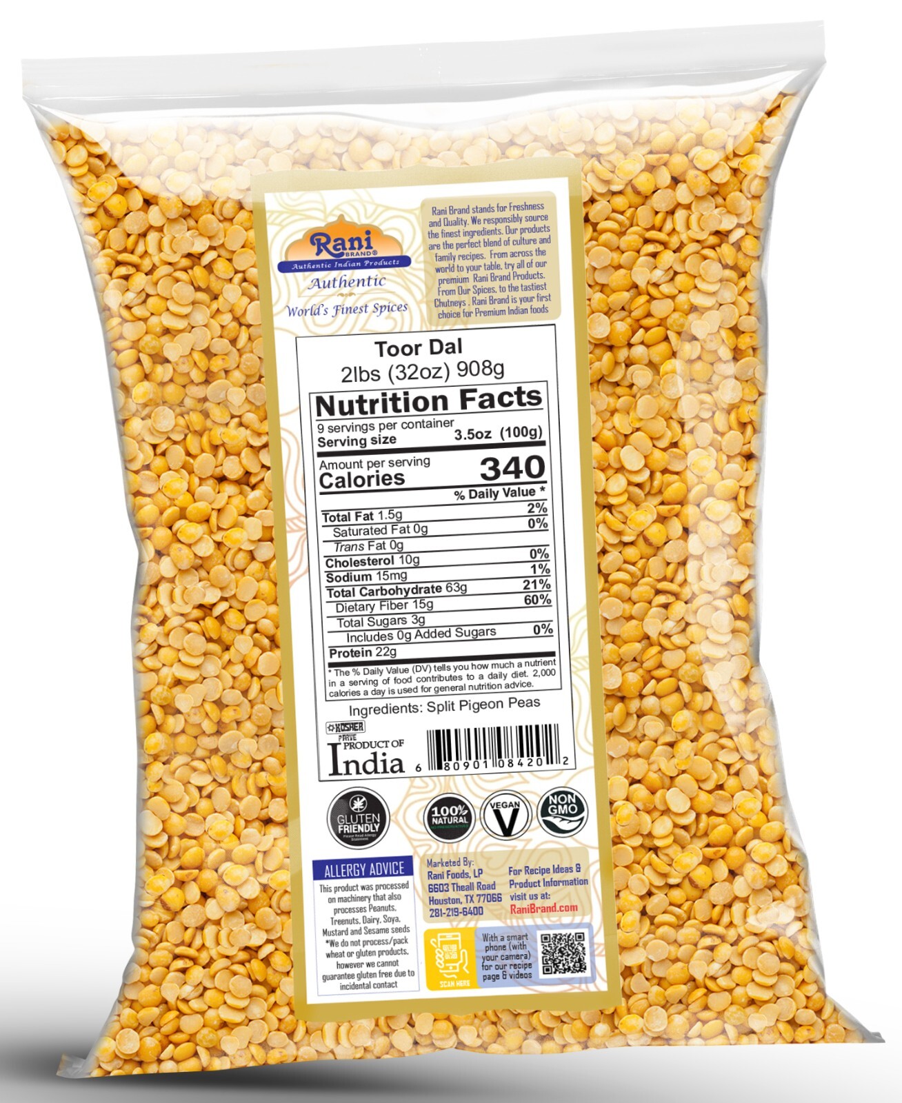 Rani Toor Dal (Split Pigeon Peas) 32oz (2lbs) 907g