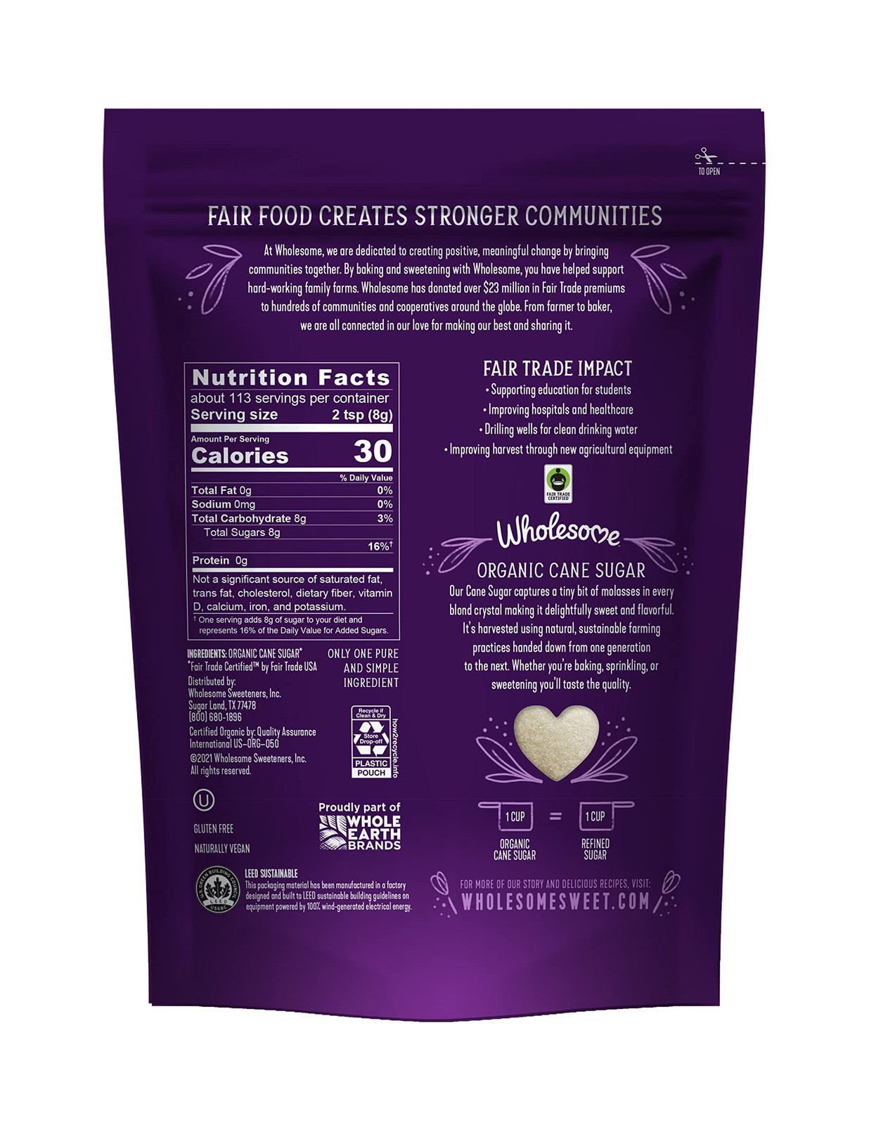 Wholesome Sweeteners 32-Ounce Organic Cane Sugar, Fair Trade, Non GMO, Gluten