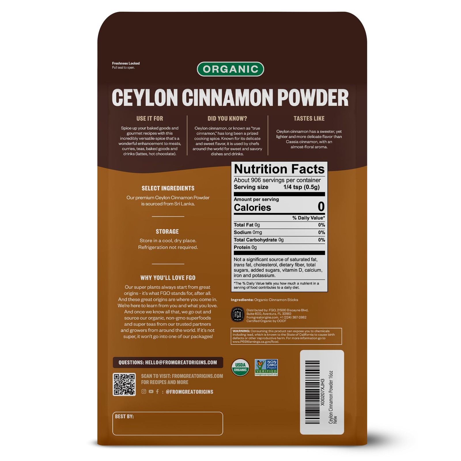 FGO Organic Ceylon Cinnamon Powder, 16oz Pure Sri Lanka Cinnamon for Spice &