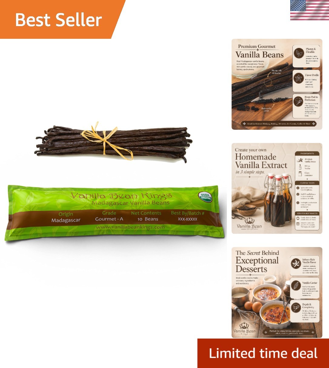Gourmet Organic Vanilla Beans from Madagascar – 10 Count for Delicious Recipes