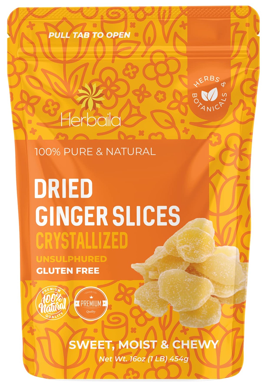 Herbaila Dried Crystallized Ginger Slices 16 oz. 1 Pound (Pack of 1)