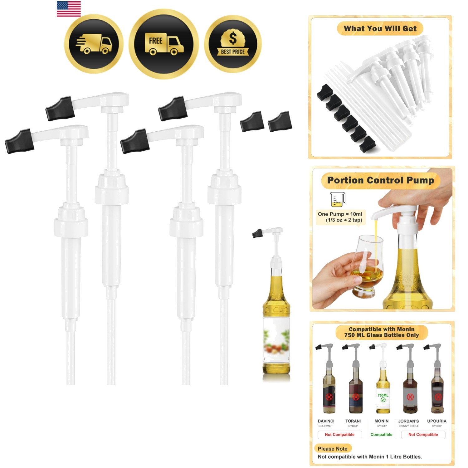 Coffee Syrup Pump Dispenser for 750ml Bottles 4 Pack No Clog Locking Tips
