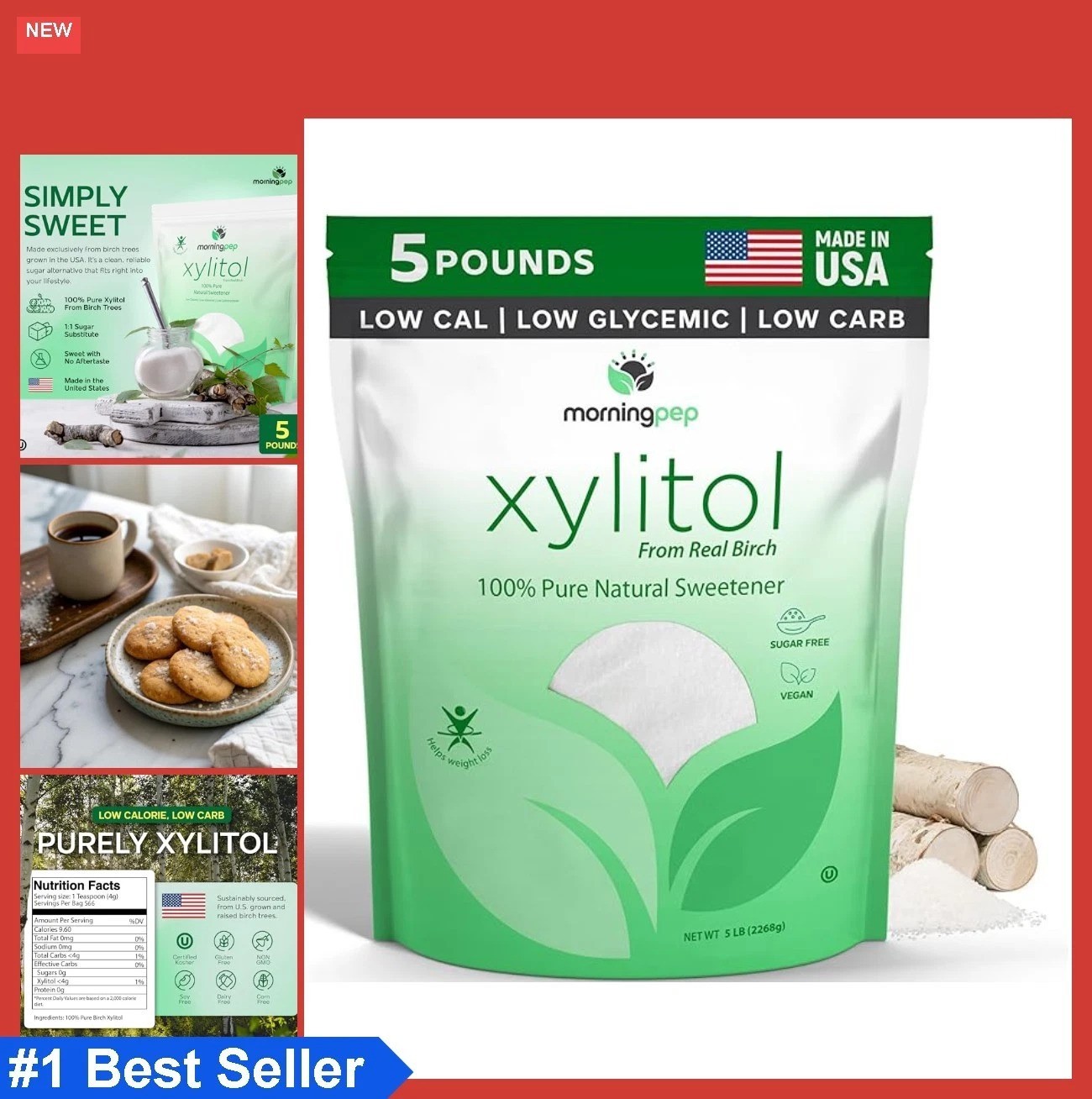 Birch Xylitol Sweetener 5 Lbs Non GMO Kosher Gluten Free Keto Diet Friendly