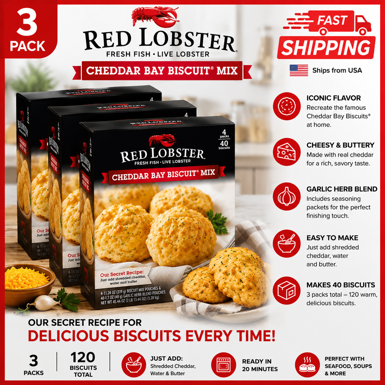 3pk,Red Lobster Cheddar Bay Biscuit Mix,Garlic Herb Seasoning Included, 34oz