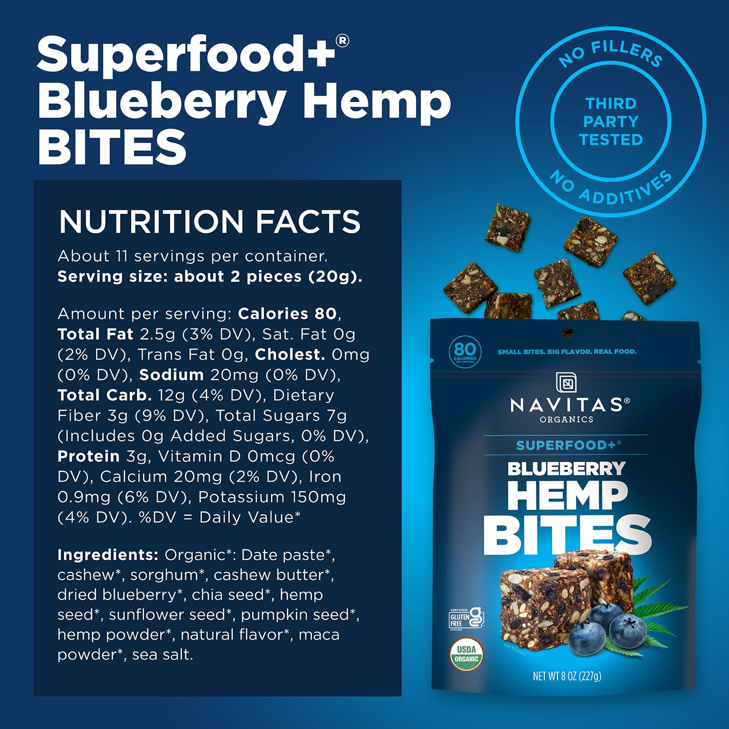 Navitas Organics Superfood Power Snacks, Blueberry Hemp, 8Oz. Bag, 11 Servings –