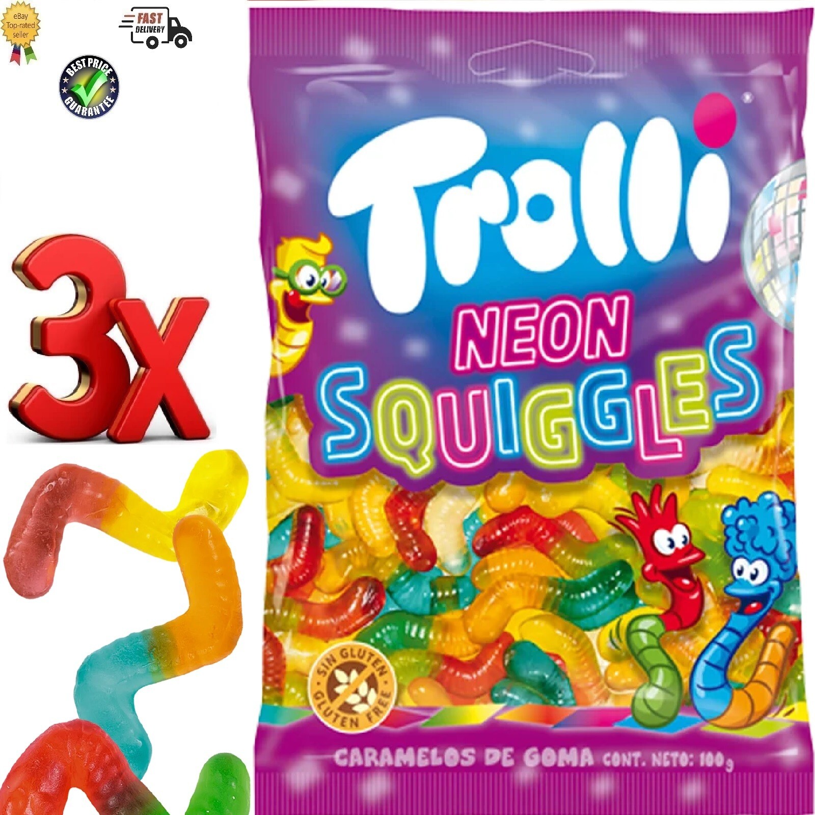 Trolli NEON SQUIGGLES Sweets Candy 3 x Bags Of 100gr / 3.53oz Each Bag