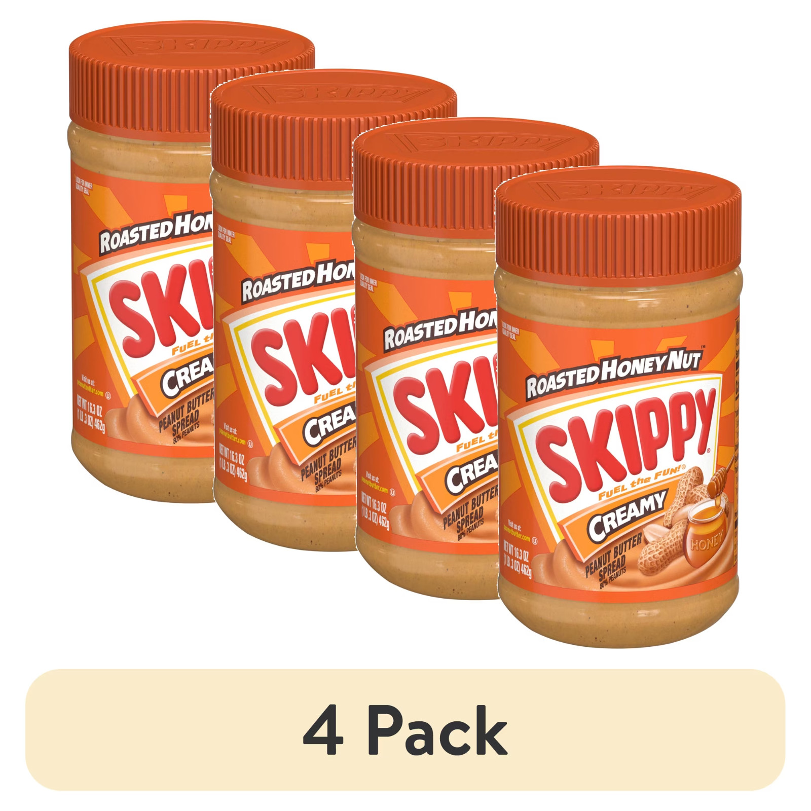 SKIPPY Peanut Butter Creamy Roasted Honey Nut Spread, 16.3 oz Jar (4 pack)