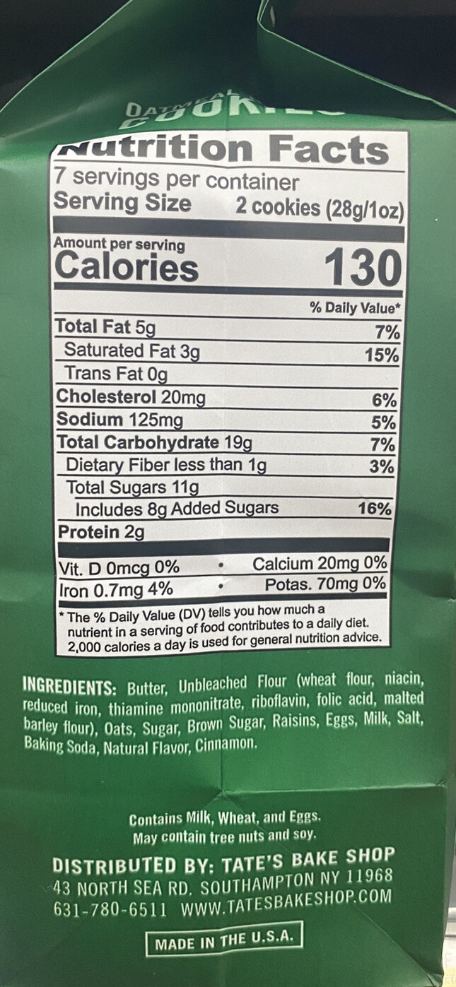 2x Tate’s Bake Shop OATMEAL RAISIN Cookies 7 oz Bag – 2 PACK