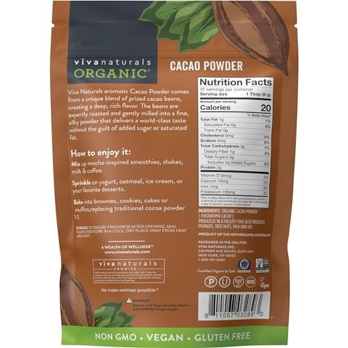 Organic Unsweetened Cacao Powder with Rich Dark Chocolate Flavor
