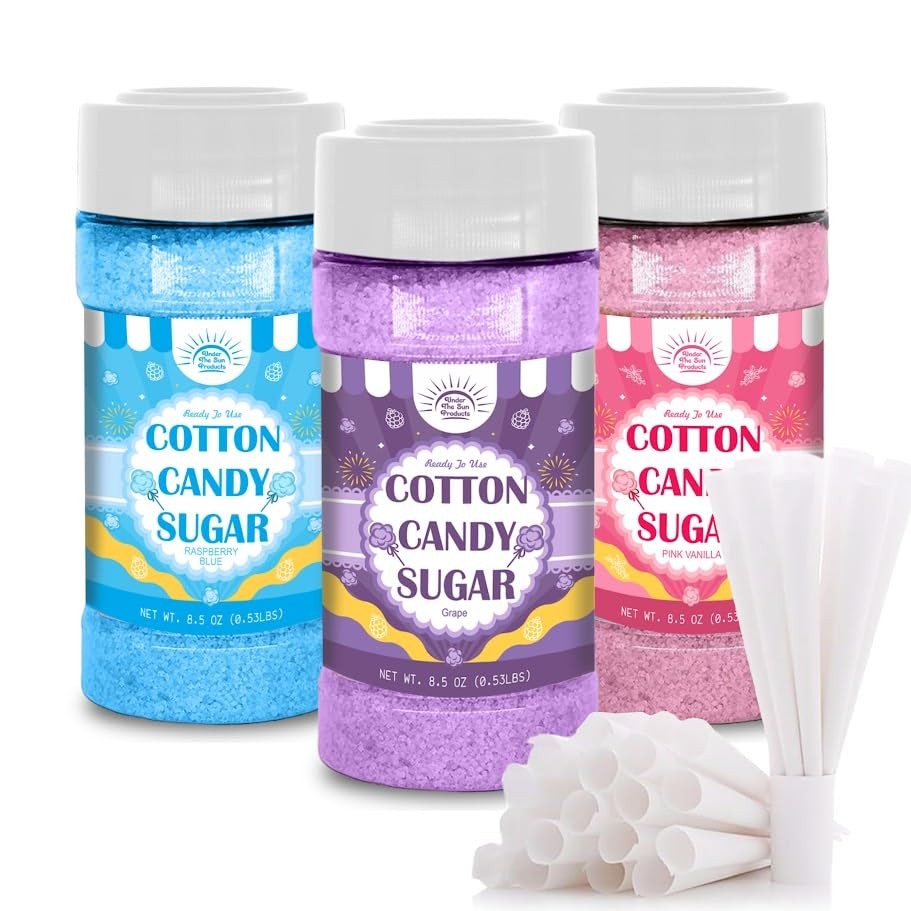 Cotton Candy Floss Sugar 8.5oz (Pink Vanilla, Blue Raspberry, Grape) – 50 Paper