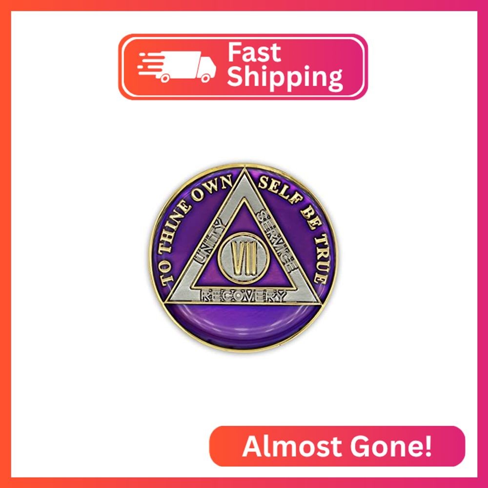 7 Year Sobriety Coin | Triplate AA Chip Recovery Anniversary Token (Purple)
