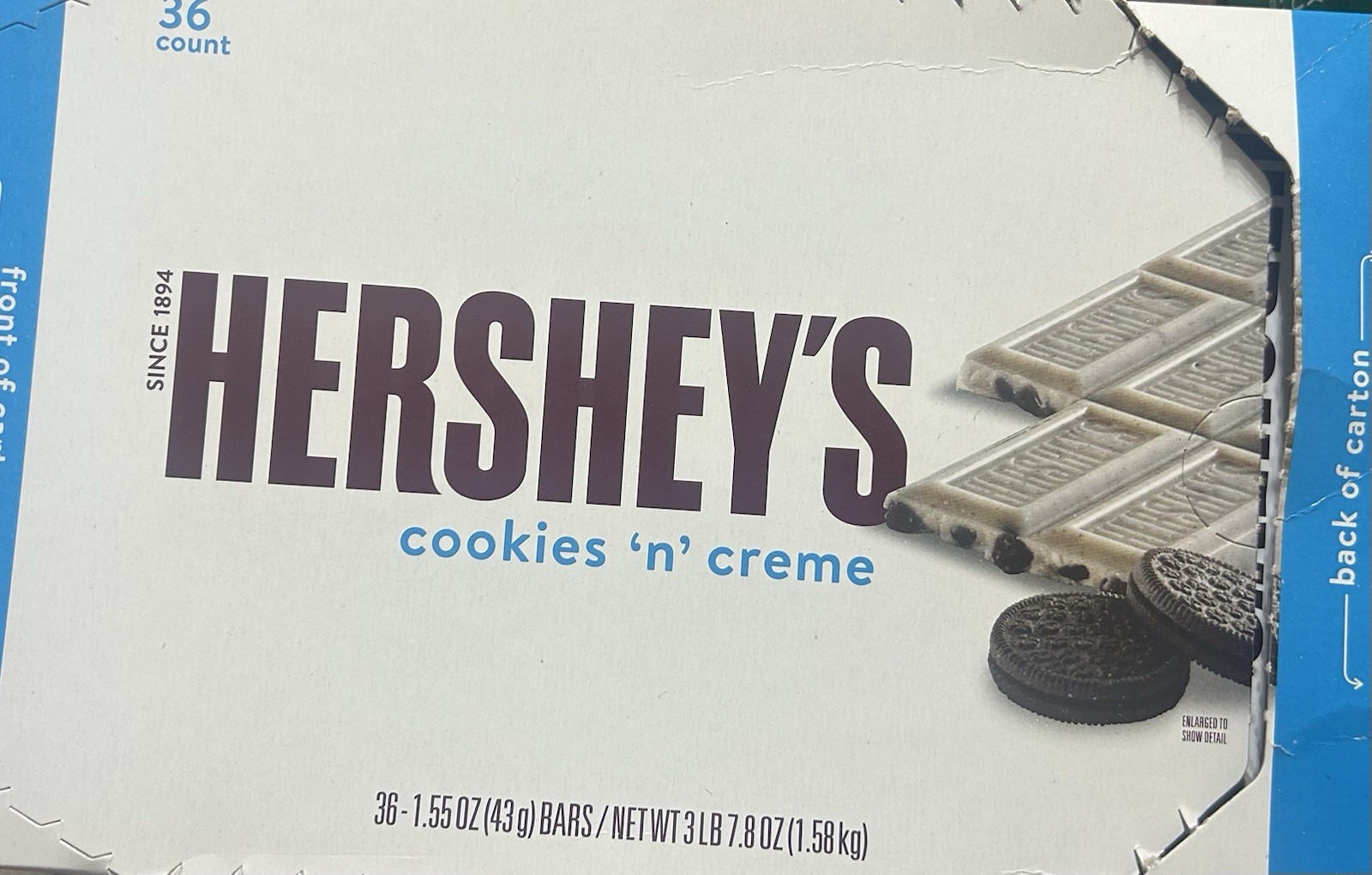 Hershey’s Chocolate Bars Cookies ‘n’ Creme Box 36 Count 1.58kg