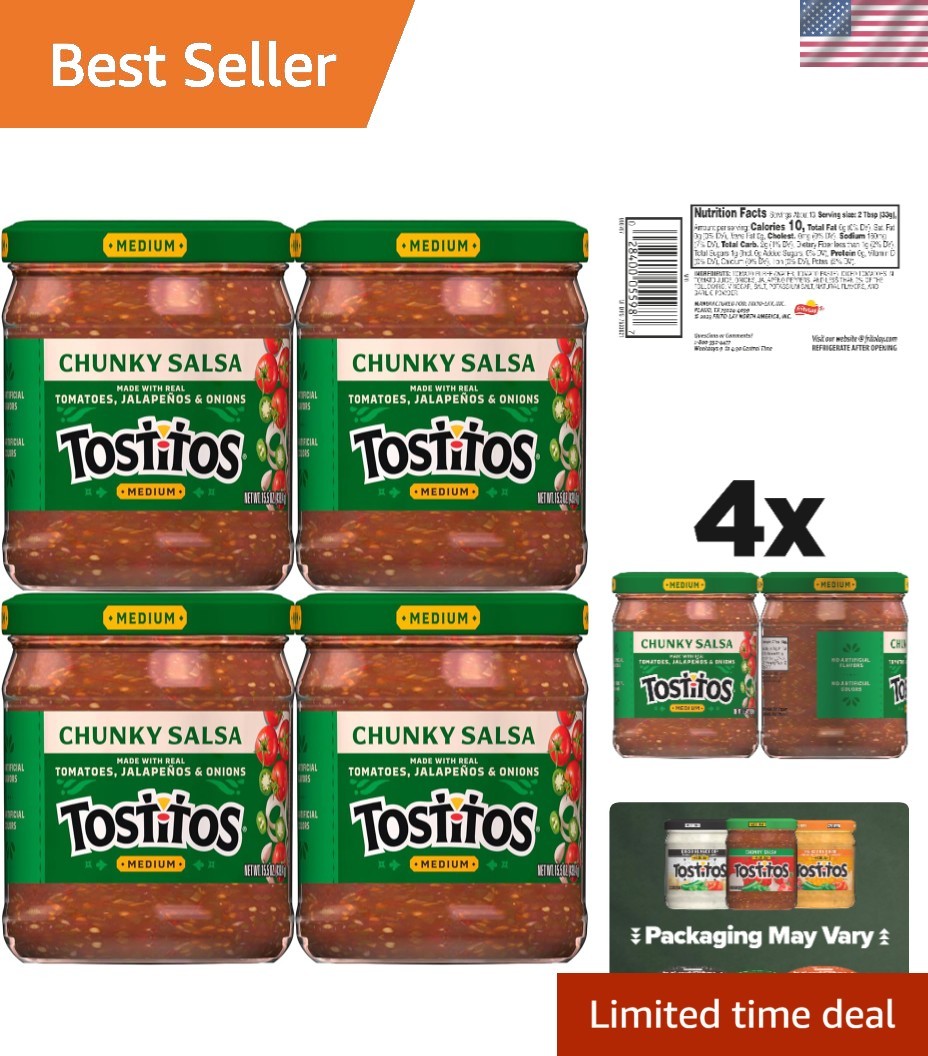 Tostitos Medium Chunky Salsa, 15.5oz Jars – 4 Count for Flavorful Dips