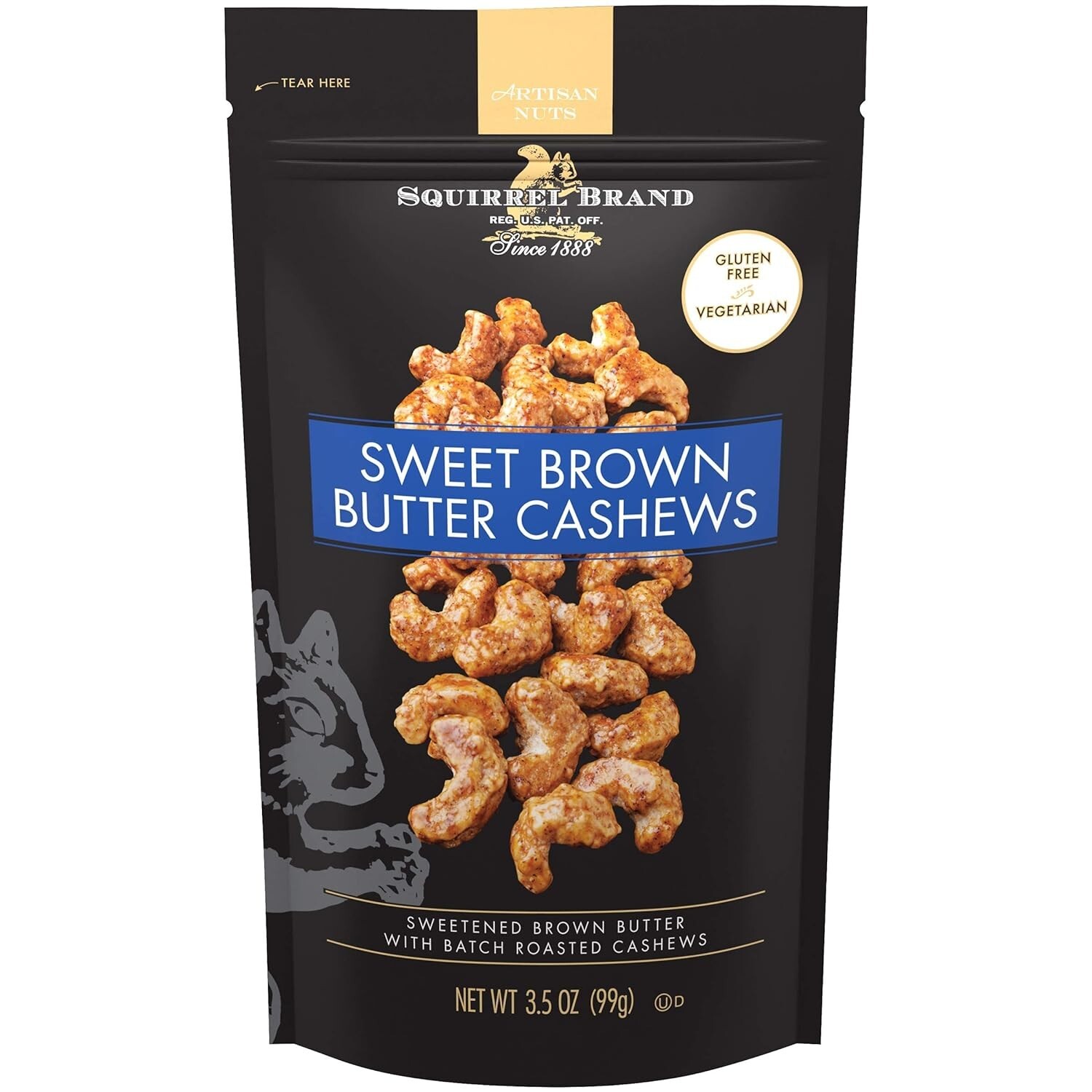 Squirrel Brand Sweet Brown Butter Cashews, 3.5 Ounces Resealable Bag, Gluten