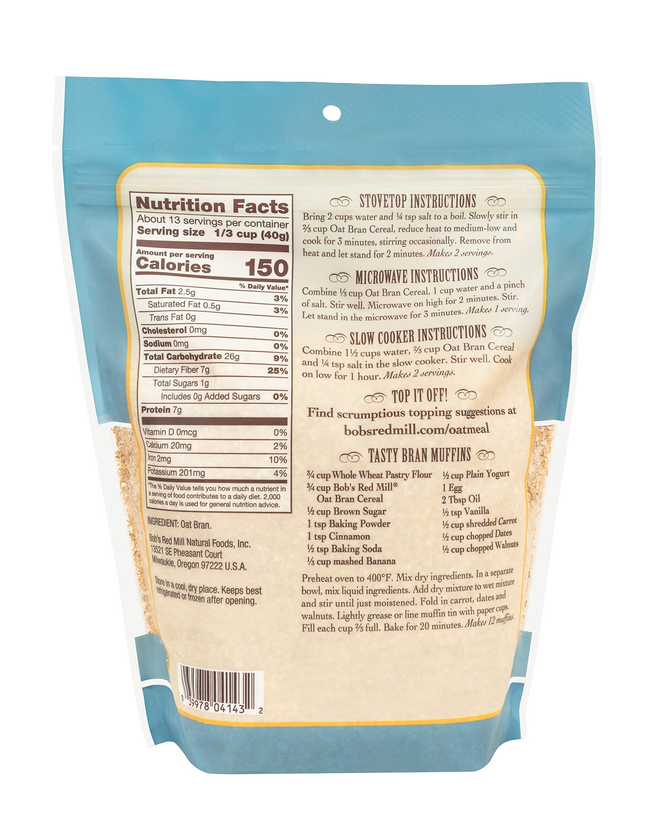 Oat Bran, 18oz (Pack of 4) – Non GMO, Vegan, Kosher