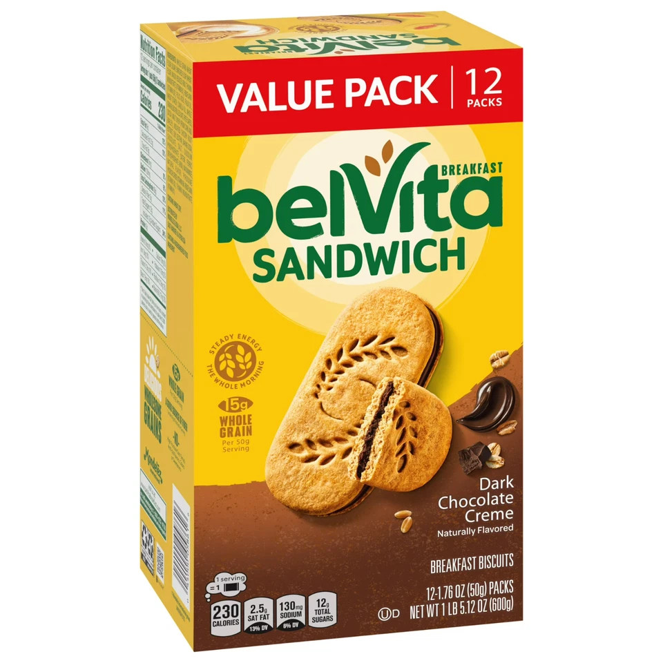 belVita Breakfast Bar Biscuit Sandwiches, Dark Chocolate Creme – Value Pack, 12