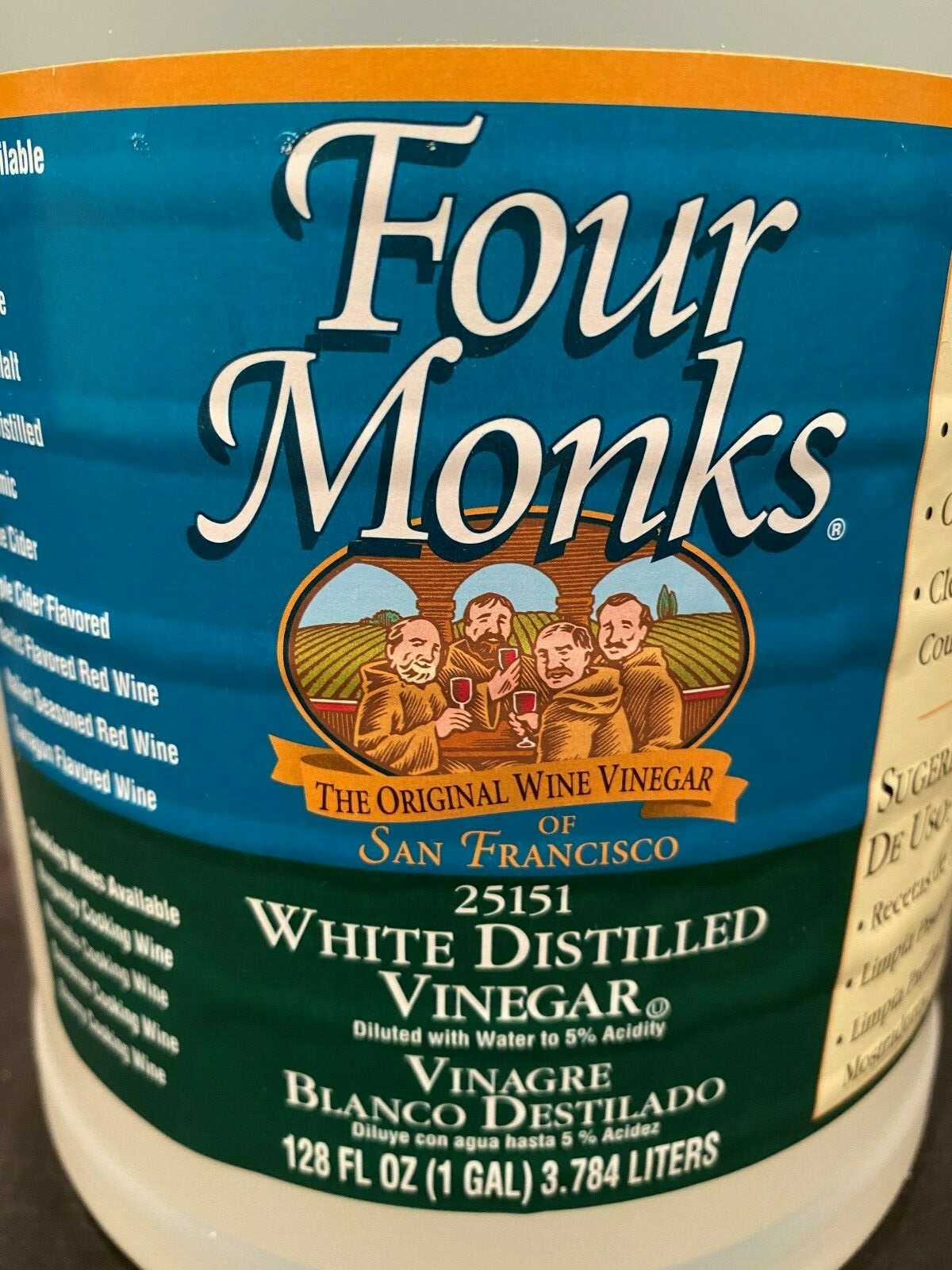 Four Monks White Wine Vinegar SF Distilled Food Household Cleaner 1 Gallon Jug
